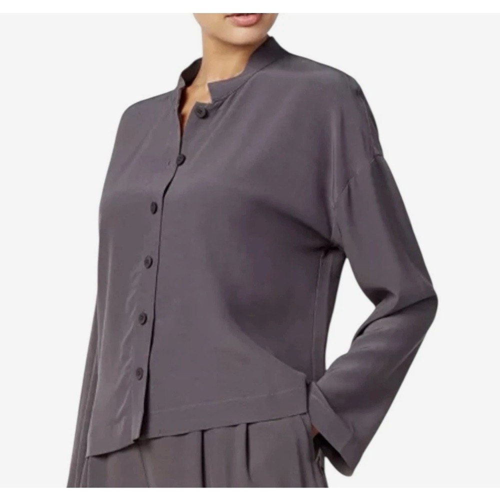 Eileen Fisher Grey Tencel Blend Button Front Mandarin Collar Shirt Minimalist XL
